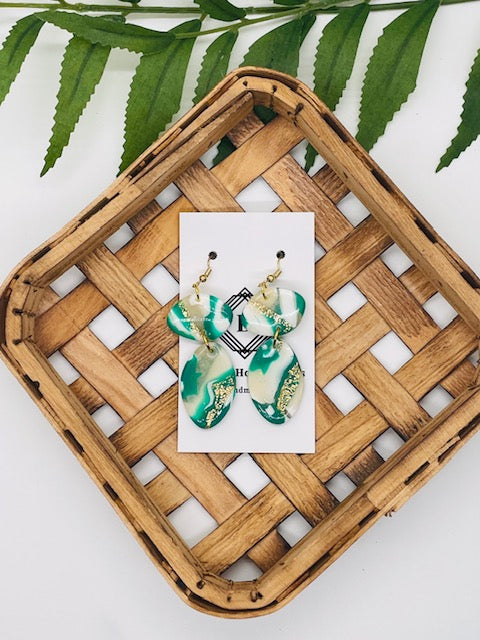 Green & Gold Marbled Clay Earrings