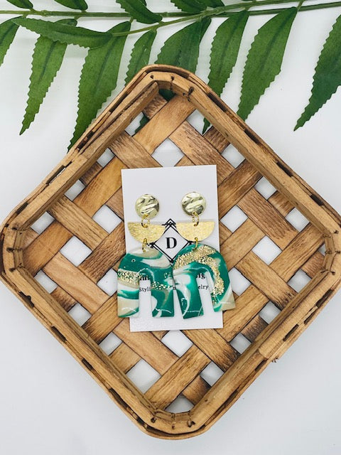 Green & Gold Marbled Clay Earrings