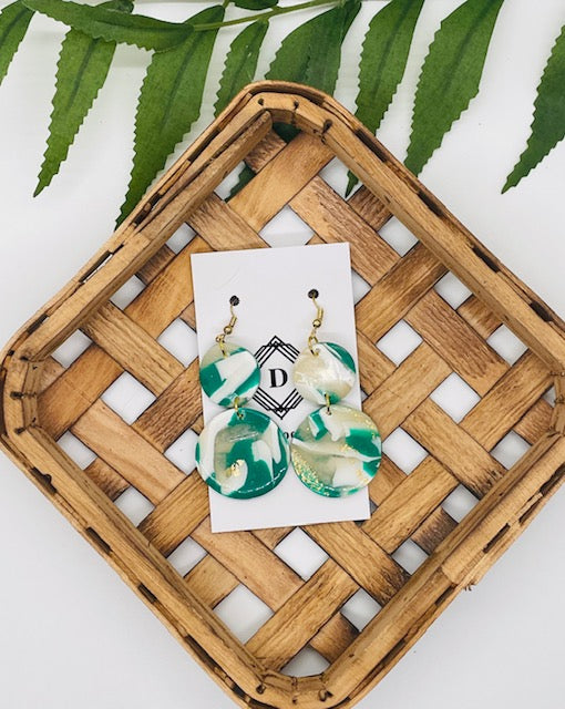 Green & Gold Marbled Clay Earrings